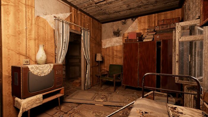 Abandoned room with old furniture and peeling wallpaper, evoking terrifying urban explorer moments and eerie atmosphere.