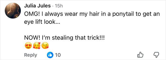 Comentário de Julia Jules compartilhando um truque de rabo de cavalo amarrado no cabelo para um rosto tenso inspirado em Anne Hathaway.