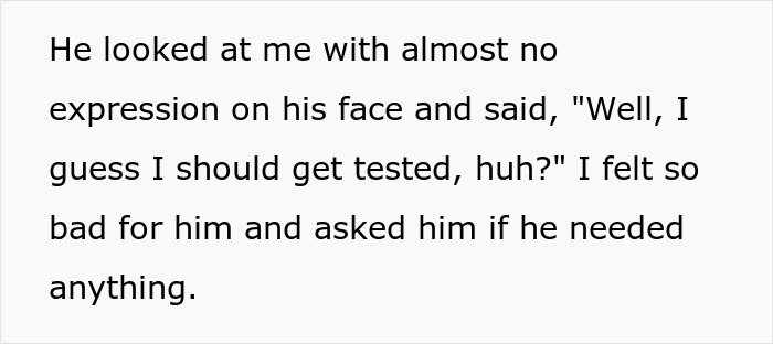 Text excerpt showing dialogue about getting tested after a one night stand, reflecting betrayal and hidden secrets.