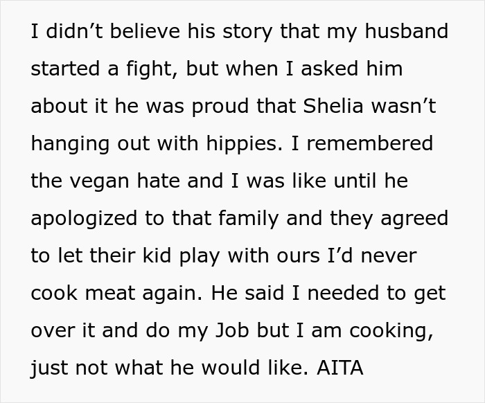 Text excerpt about a wife punishing her vegan-hating husband for damaging their daughter&rsquo;s friendship while still defending him.