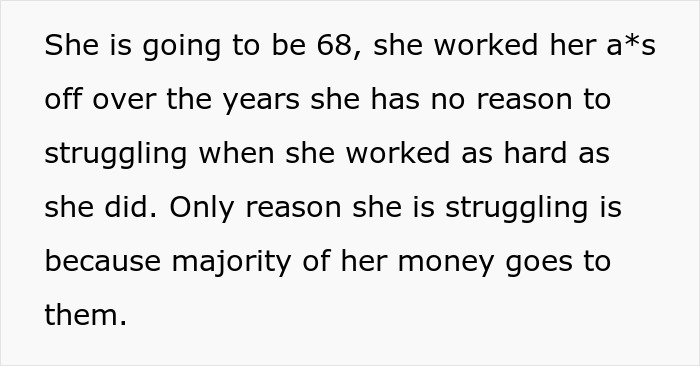 Elderly grandma struggles financially due to greedy and entitled family expecting her to support them so wife can be a SAHM.