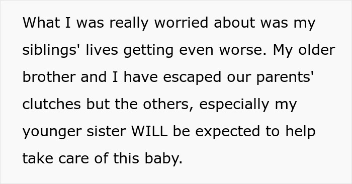 Text excerpt about siblings&rsquo; lives worsening and younger sister expected to care for baby, highlighting delusional parents.