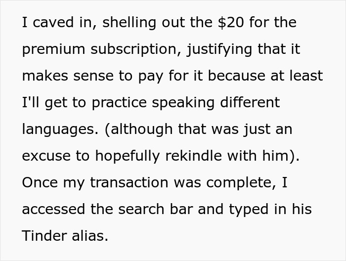 Text excerpt about paying for a premium dating app subscription to practice languages and find a Tinder match.