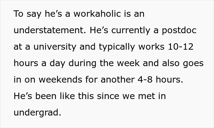 Text about a man described as a workaholic working long hours at university, raising questions about household chores and work. Text about a man described as a workaholic working long hours at university, raising questions about household chores and work.