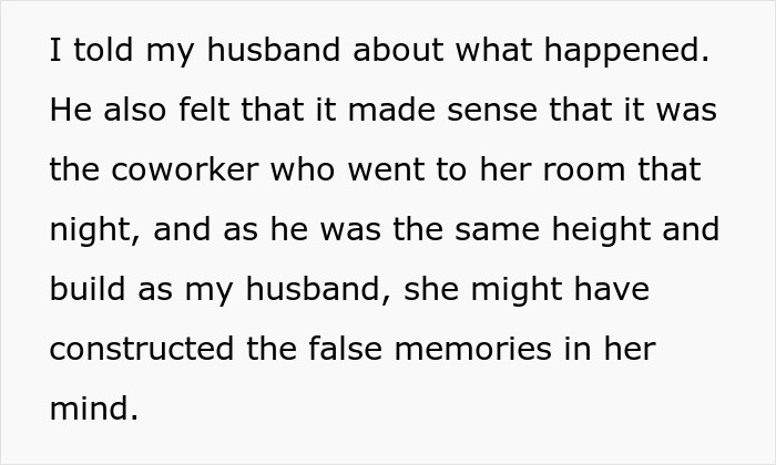 Text discussing a wife telling her husband about an incident involving a coworker and possible false memories.