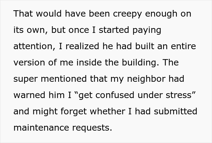 Text excerpt describing a helpful neighbor falsely claiming to be a woman's caretaker, causing her unease.