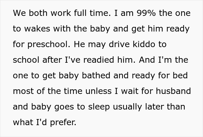 Text showing a woman explaining how she manages parenting duties while her husband uses bathroom habits to avoid responsibilities.