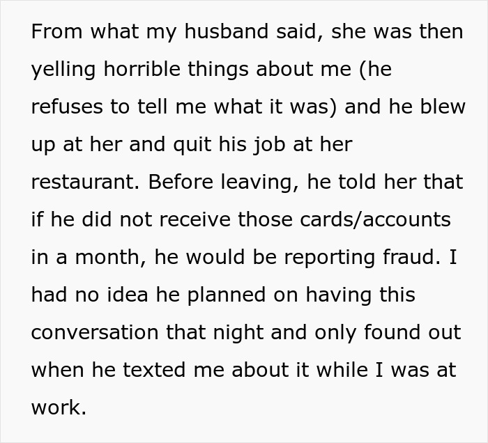 Text excerpt discussing a husband quitting his job and threats of reporting fraud related to debt and bankruptcy.