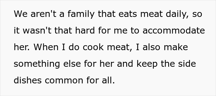 Alt text: Statement about a family balancing meat cooking while respecting a vegan teen to prevent food waste.