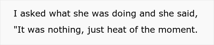 Text on white background reading I asked what she was doing and she said it was nothing just heat of the moment, referencing cheater hiding one night stand.