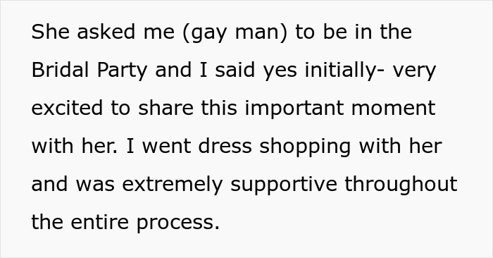 Text excerpt describing a supportive friend involved in the bridal party amid bride’s obsession with control.