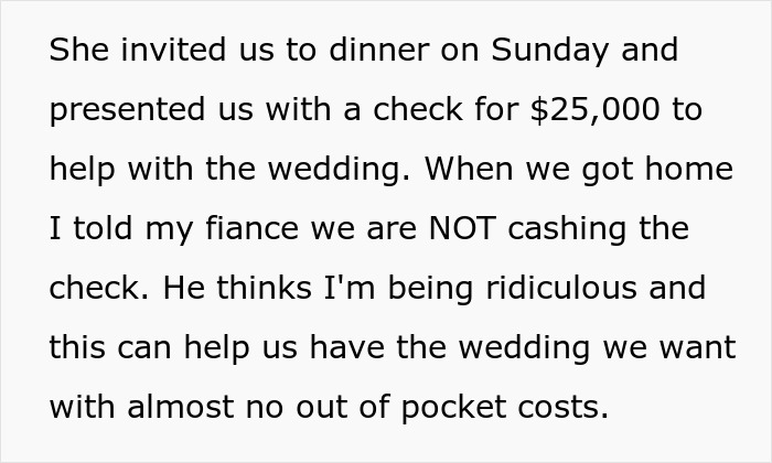 Text excerpt showing a bride refusing her MIL&rsquo;s $25K wedding gift, sparking a debate on intentions.