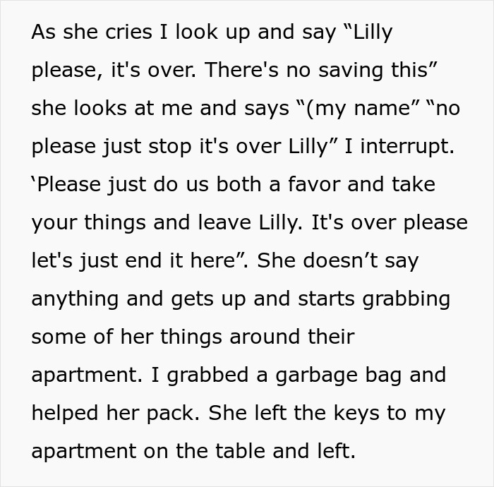 Text excerpt showing a boyfriend confronting his girlfriend in their apartment after learning her old friend is her ex.