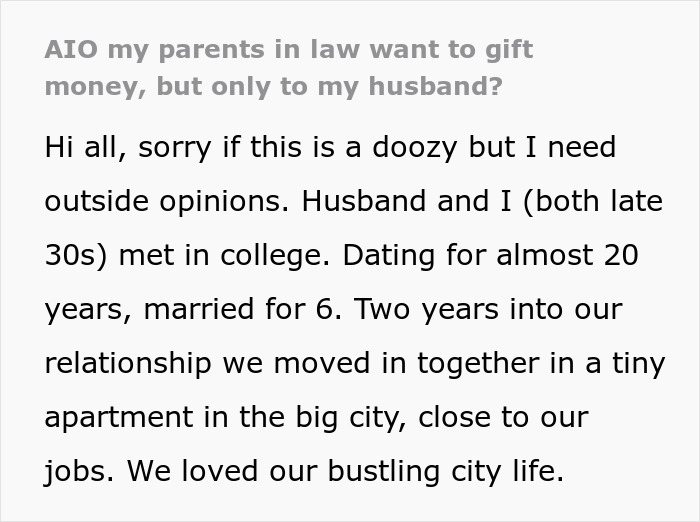 Text discussing expectations of in-laws gifting money to husband instead of the whole family in a relationship context.