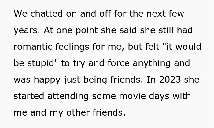 Text excerpt discussing a woman trying to make a long-time friend develop romantic feelings but ending as friends.