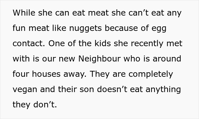 Text excerpt discussing vegan neighbors and dietary restrictions impacting a daughter's friendship and family tensions.
