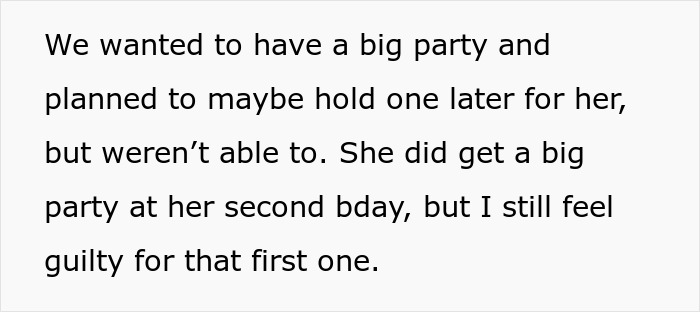 Alt text: Mom feels guilty about daughter's small birthday party despite dad saying kids won't remember their b-days later.