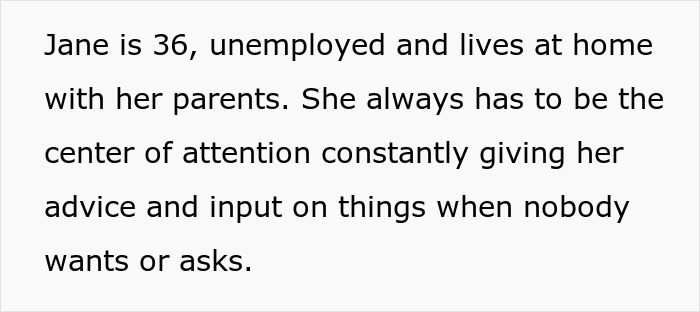 Text describing a jobless 36-year-old living with parents who competes with her PhD cousin, causing financial loss.