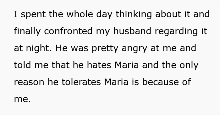 Text excerpt about a wife confronting her husband after suspecting something after hearing moaning and seeing him without a shirt with a bestie.