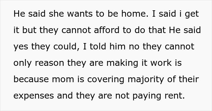 Text discussing family expecting grandma to financially support them so wife can be a stay-at-home mom.