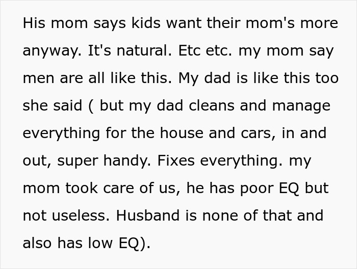 Text excerpt showing a woman&rsquo;s frustration with her husband&rsquo;s poor emotional intelligence and parenting excuses.