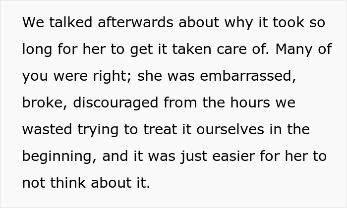 Text discussing reasons why wife delayed treating her lice, feeling embarrassed and discouraged after failed attempts.
