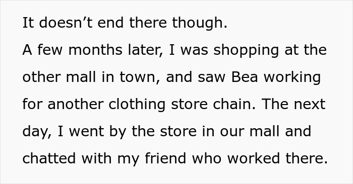 Text excerpt about a lady exposing office bully theft and helping her lose two jobs at different stores.