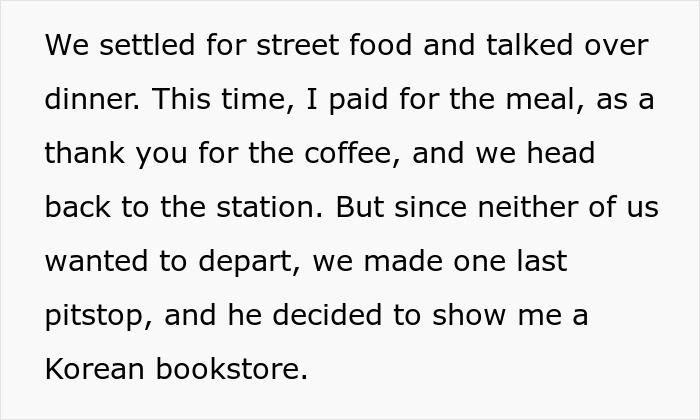 Text excerpt describing a perfect first date abroad ending with a visit to a Korean bookstore before parting ways.