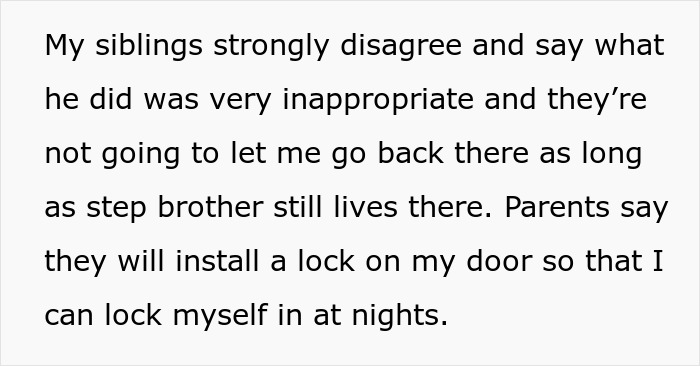 Text discussing siblings disagreeing over step brother&rsquo;s creepy behavior of cutting hair, with parents installing a lock for safety.