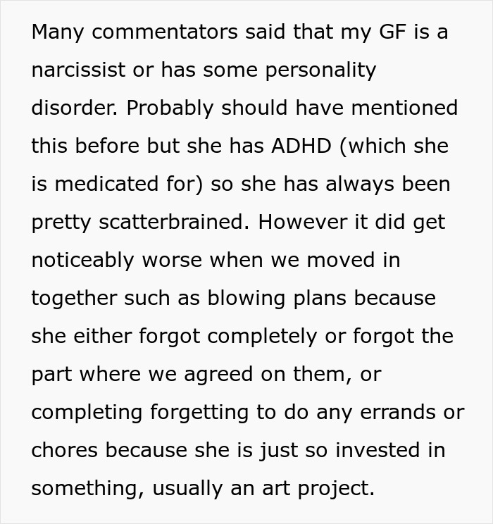 Text excerpt discussing girlfriend's ADHD and behavior issues related to forgetting plans and chores in a trashing girlfriends gift context.