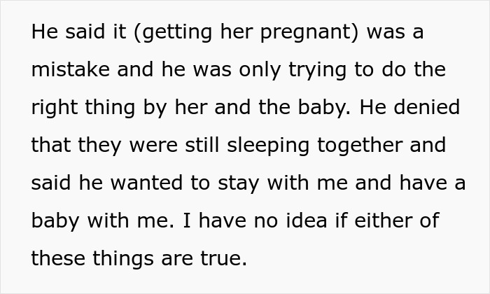Text excerpt discussing a man taking care of pregnant coworker and denying ongoing relationship claims.