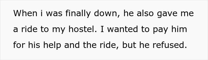 Trecho de texto sobre alguém refletindo sobre receber ajuda e carona, relacionado a homens abandonando suas parceiras durante atividades ao ar livre.