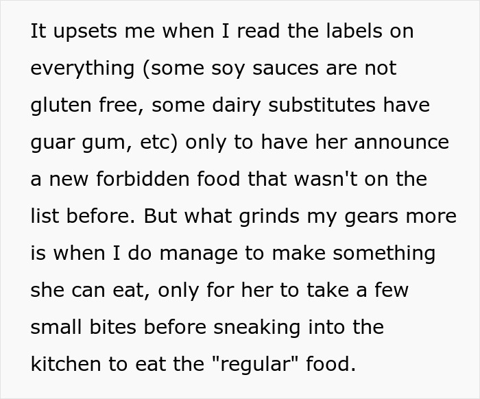 Text excerpt from a picky eater justifying food allergies but secretly eating regular food in the kitchen.