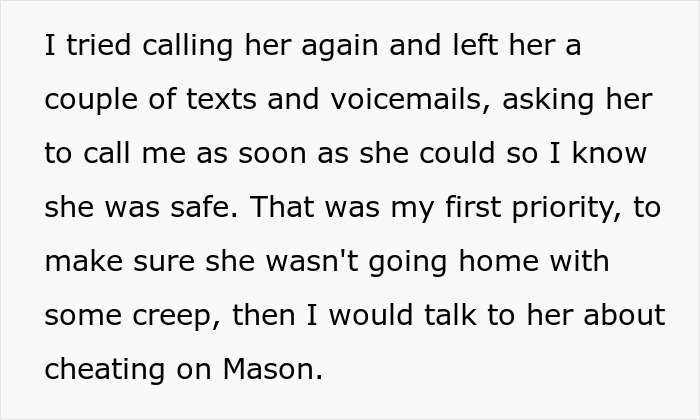 Text excerpt about calling and leaving messages to ensure safety before confronting cheating in a relationship involving a boyfriend.