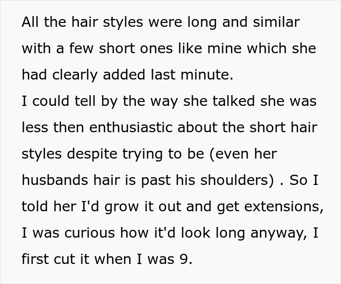 Mulher penteia o cabelo depois do casamento de uma amiga, agora as pessoas pensam que ela foi forçada a deixá-lo crescer e fazer extensões.