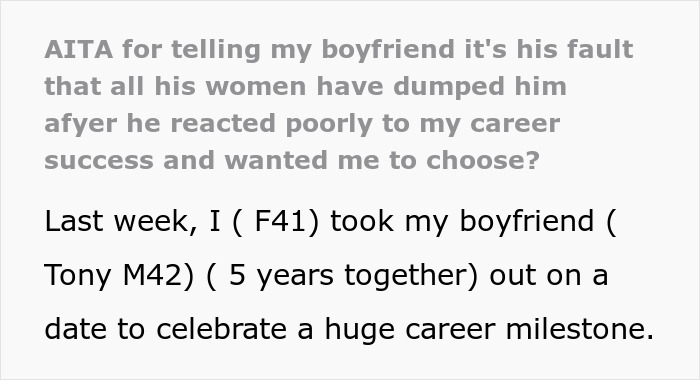 Screenshot of text describing a woman confronting her boyfriend who dismisses her career milestone and accuses her unfairly.