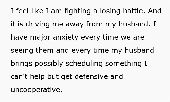 Text showing a new mom expressing major anxiety and defensiveness during in-laws visits, affecting her relationship with husband.
