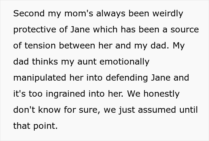 Text excerpt discussing family tension and emotional manipulation involving a jobless 36-year-old and a PhD cousin rivalry.