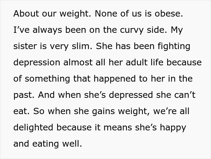 Text revealing a woman weirded out by husband&rsquo;s obsession with her sister&rsquo;s weight and uncovering explanation.
