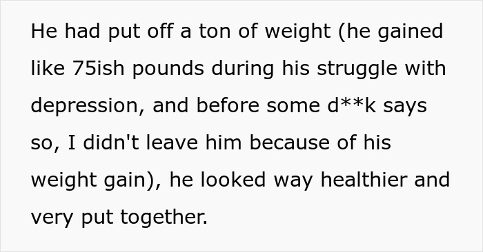 Text describing a man&rsquo;s love story and reconnection with his ex, highlighting his weight loss and mental health journey.