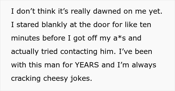 Text excerpt about a woman’s goofy joke revealing her husband is a horrible, cheating jerk after years together.