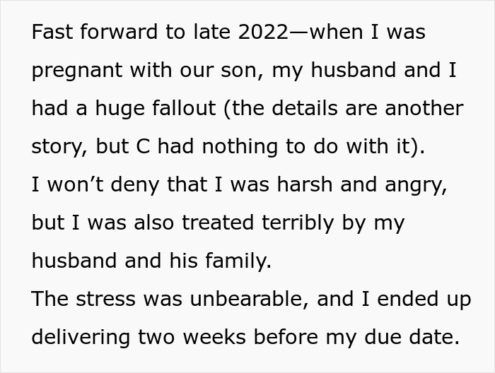 Text excerpt describing a woman&rsquo;s pregnancy stress and fallout involving her husband and his family.