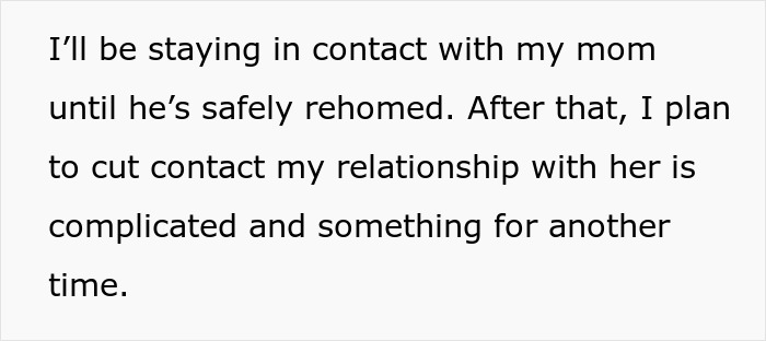 Text discussing plans to stay in contact with mom until a dog is safely rehomed, addressing neglectful owner dog health problems.