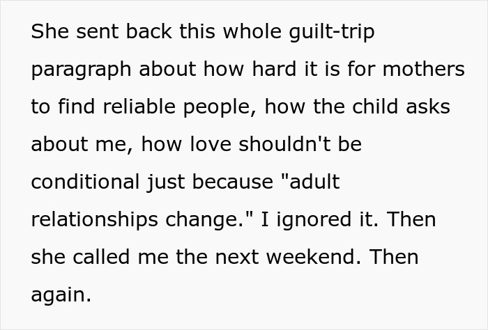Text excerpt about a woman dealing with guilt-tripping and harassment after breakup involving her ex&rsquo;s nephew.