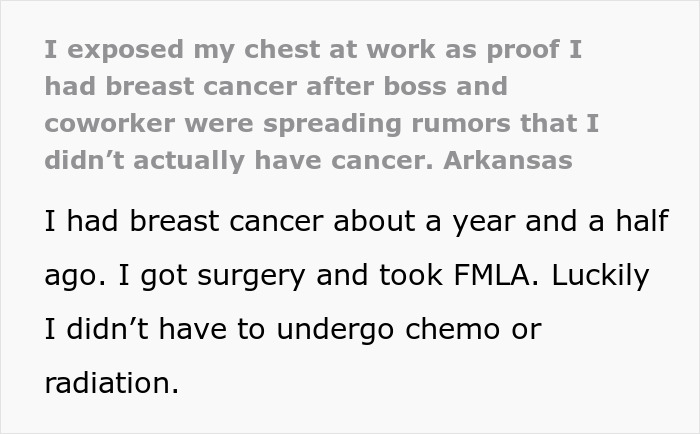 Cancer survivor lifts shirt at work revealing scars to silence rumors and faces new fears after cancer surgery.
