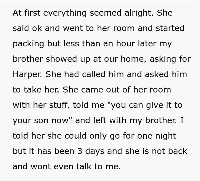 Text describing a teen daughter leaving home after being evicted by dad for a new baby, sparking family crisis.