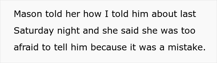 Text on image showing a conversation about hiding a one night stand and fear of exposing a mistake in a relationship.