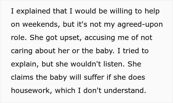 Text excerpt from a delusional guy refusing to help pregnant wife, insisting on his breadwinner role and getting snubbed.