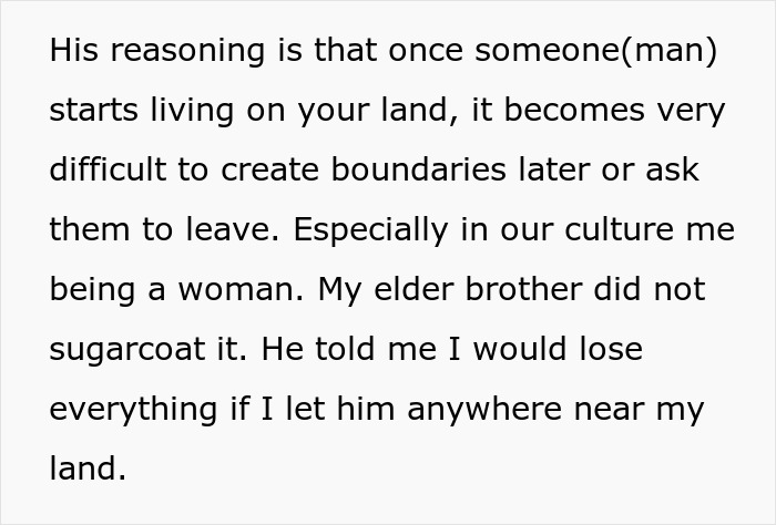Text excerpt discussing challenges with brother-inherited land and money, focusing on family boundaries and cultural issues.