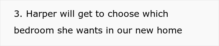 Text showing a message about Harper choosing her preferred bedroom in a new home related to dad evicting teen daughter for a new baby.